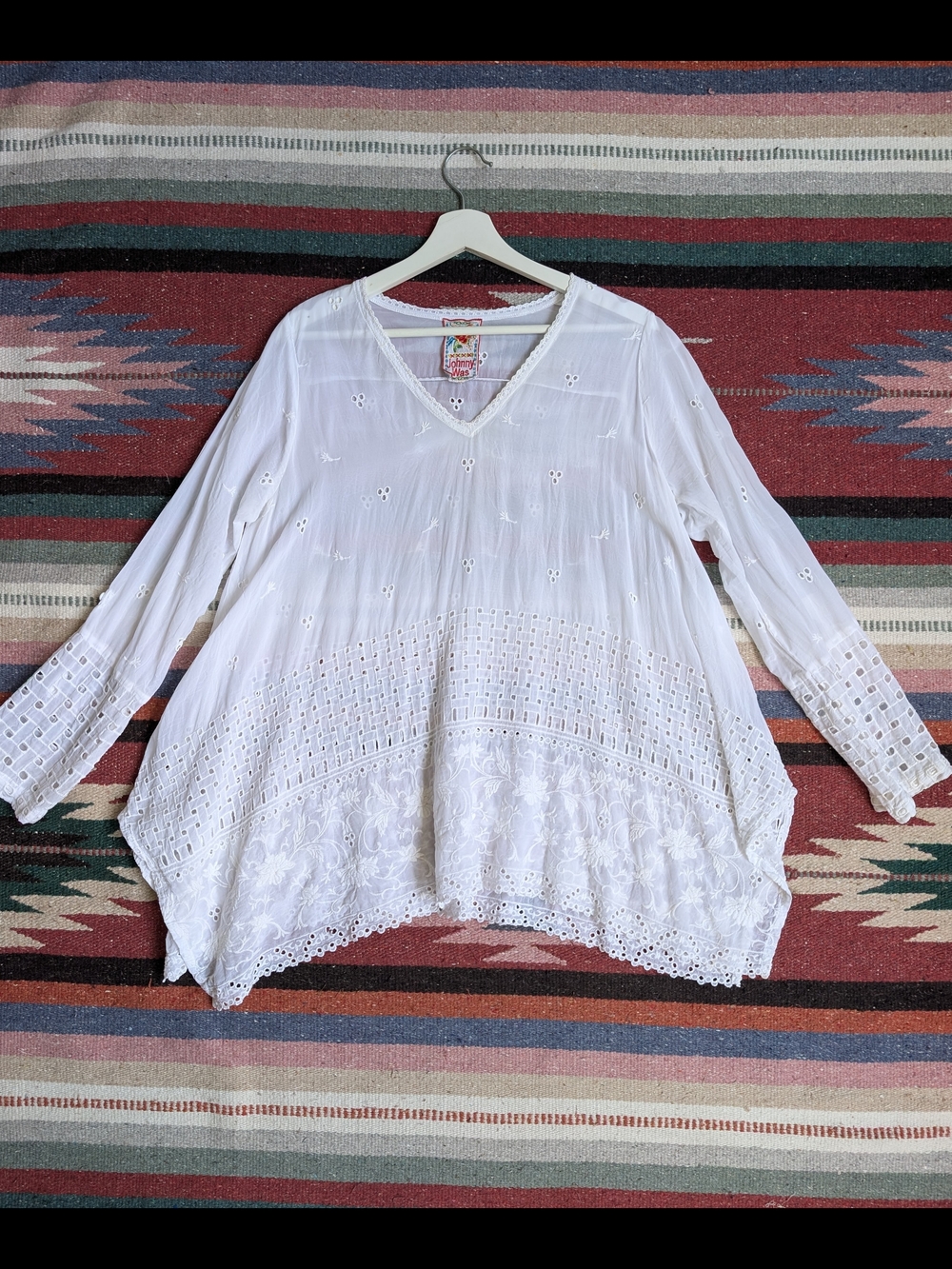 Johnny Was Boho White Embroidered Eyelet  V-Neck Tunic Top